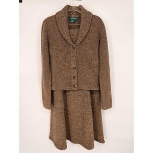 Vintage Lauren Ralph Lauren Women's Knit Sweater Jacket Skirt Set Brown S M